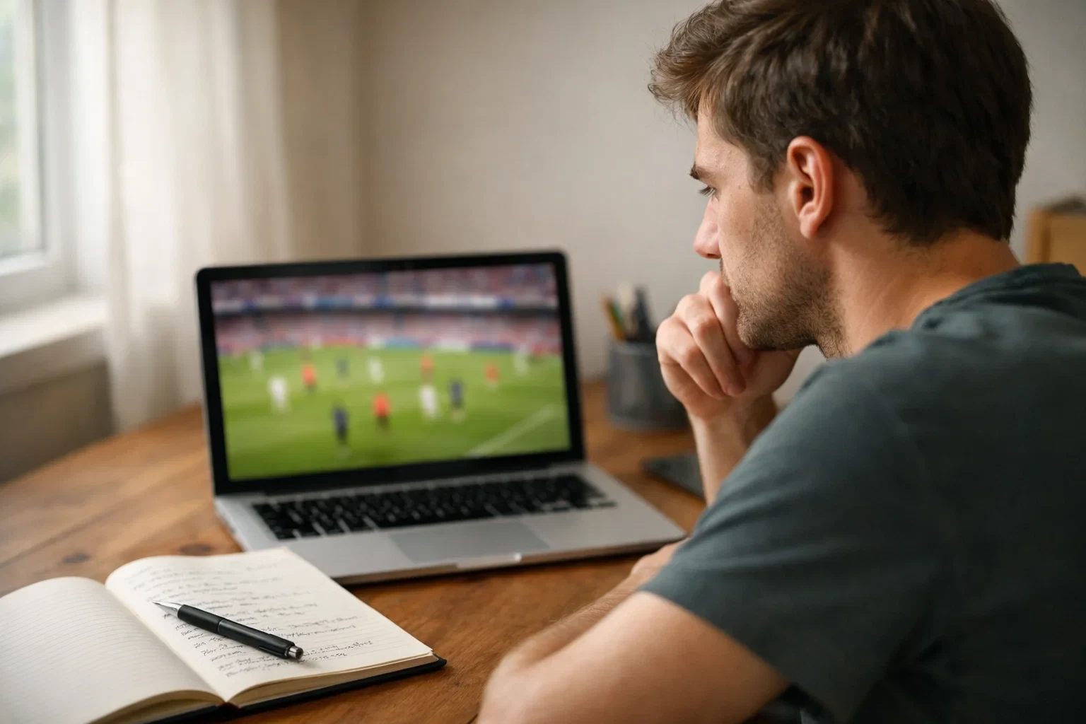 Persoon bekijkt voetbalwedstrijd op laptop met notitieblok