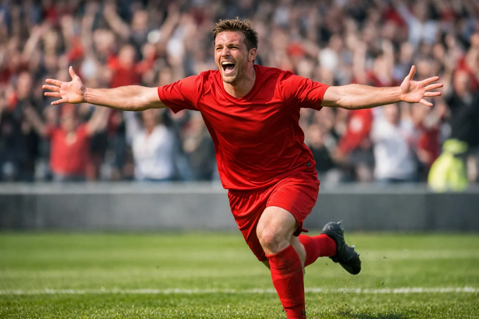 Voetballer scoort doelpunt in vol stadion