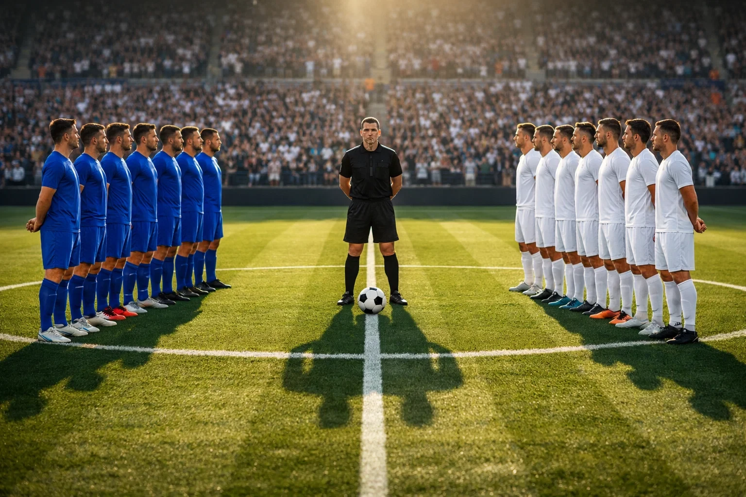 Twee voetbalteams staan tegenover elkaar op het veld
