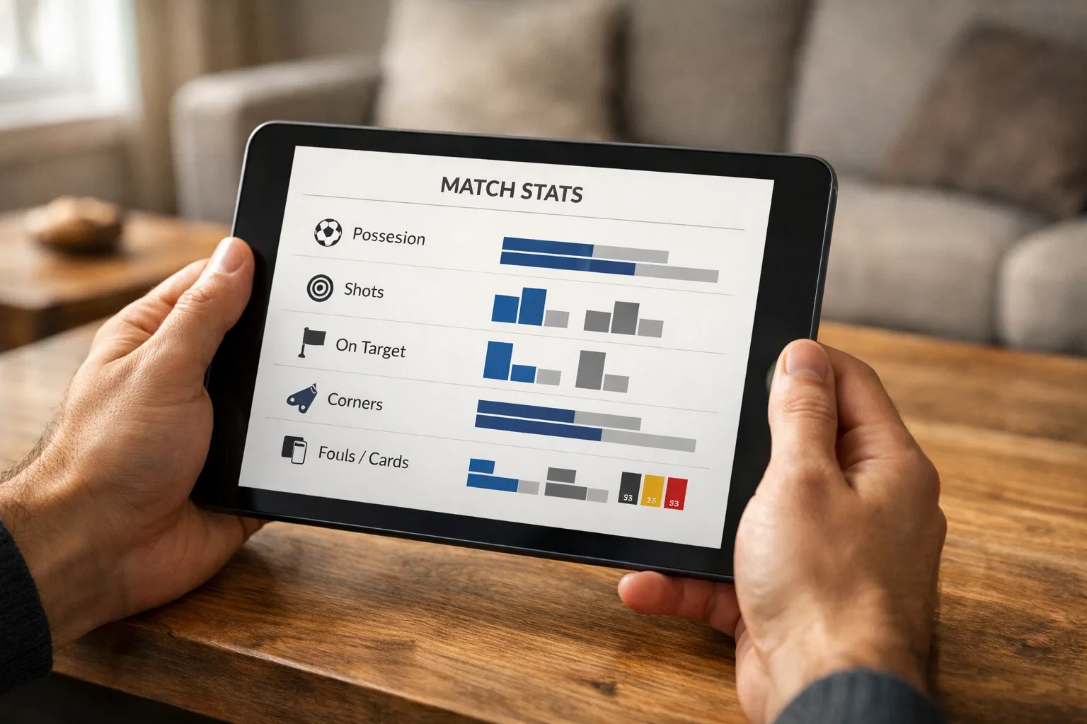 Persoon analyseert voetbalstatistieken op tablet