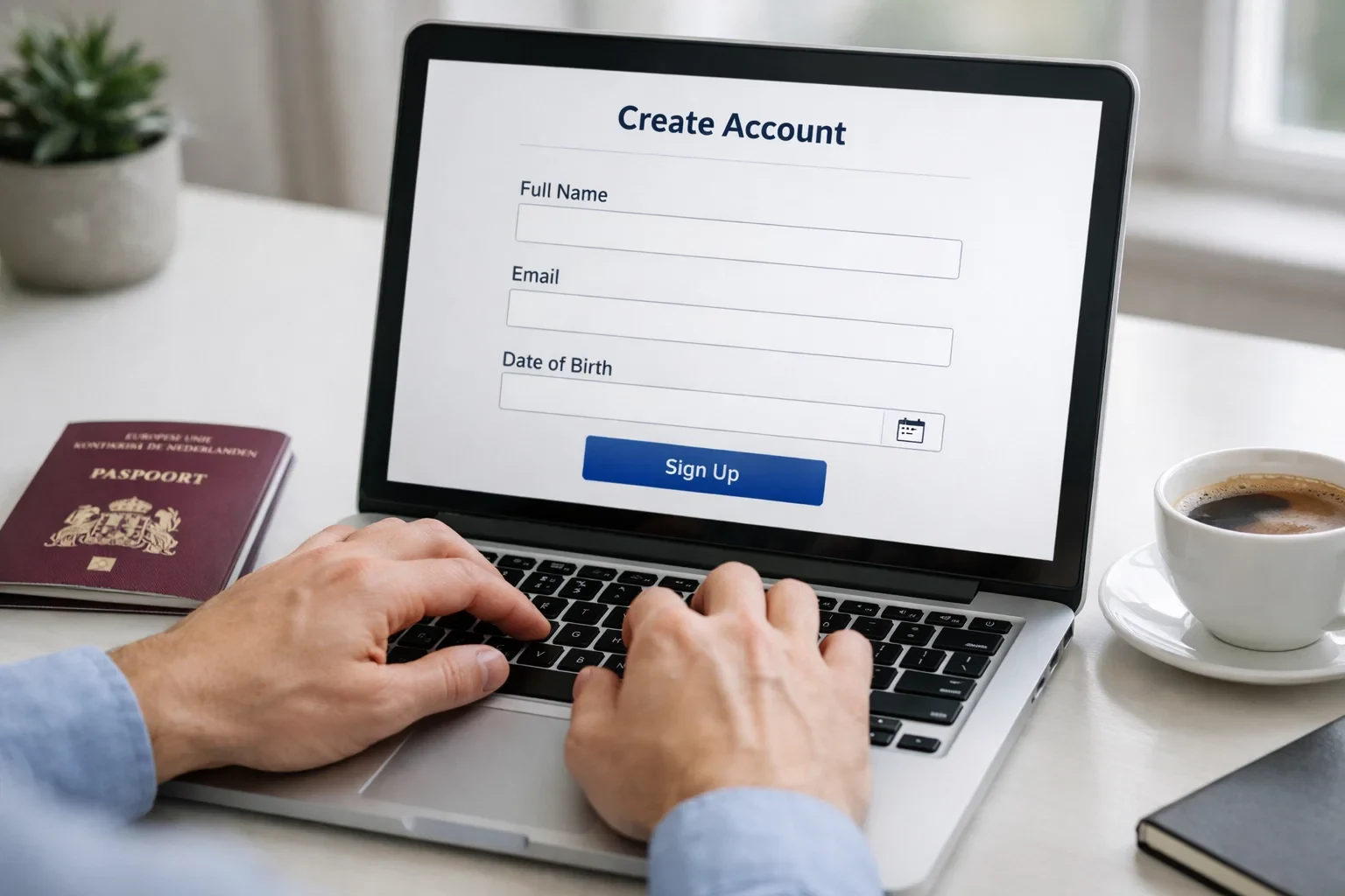 Persoon registreert account bij Nederlandse bookmaker op laptop