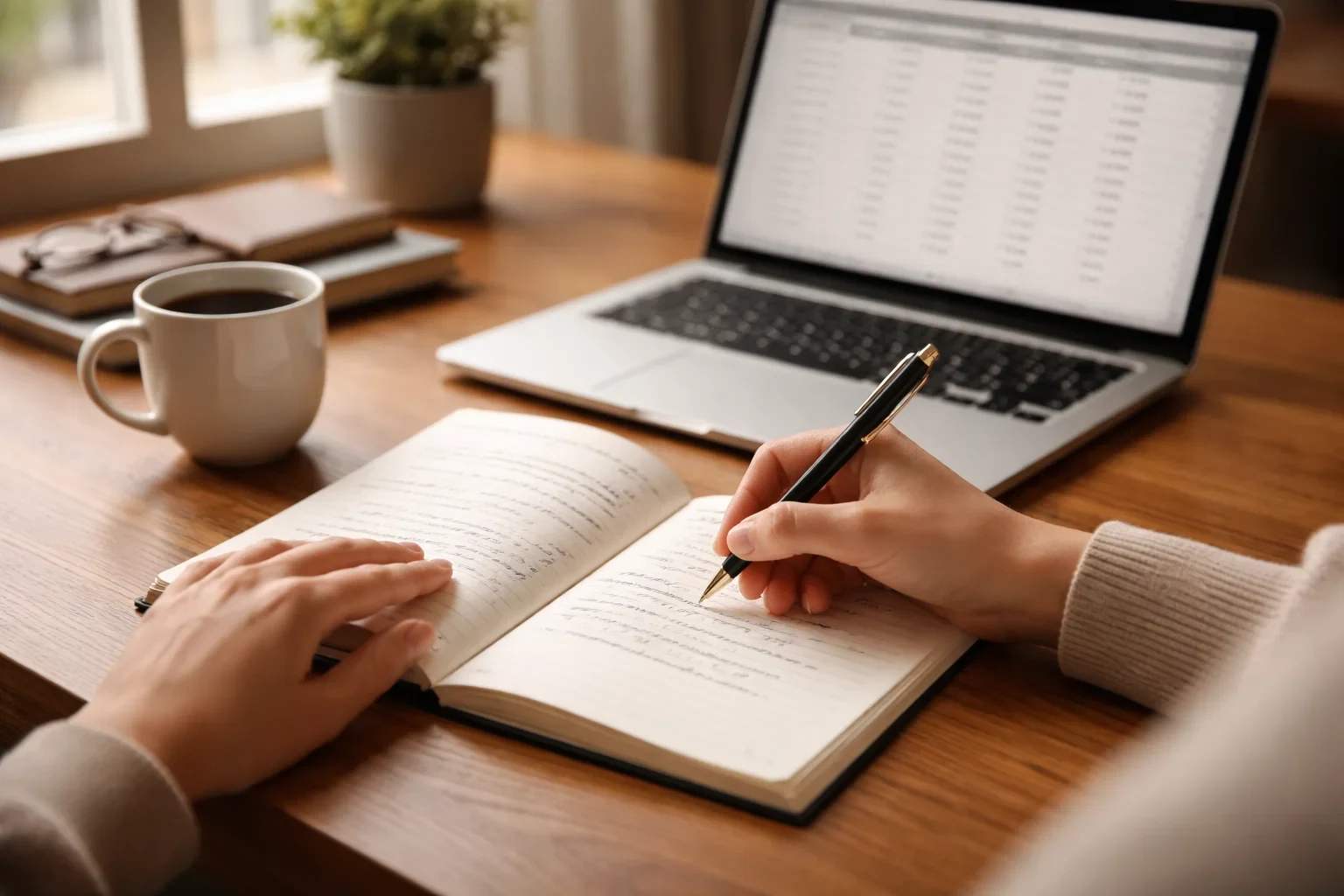 Persoon maakt aantekeningen in notitieboek bij laptop met financieel overzicht