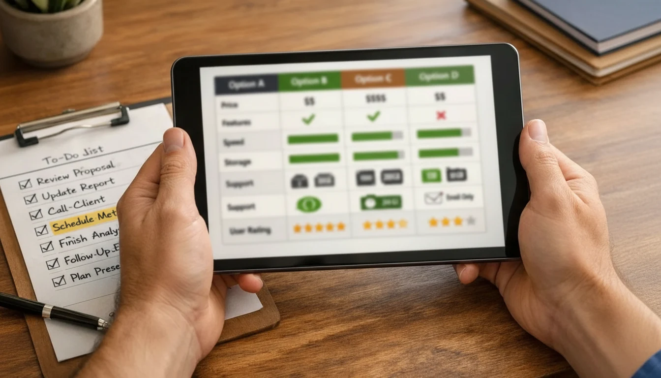 Persoon vergelijkt opties op tablet met checklist ernaast