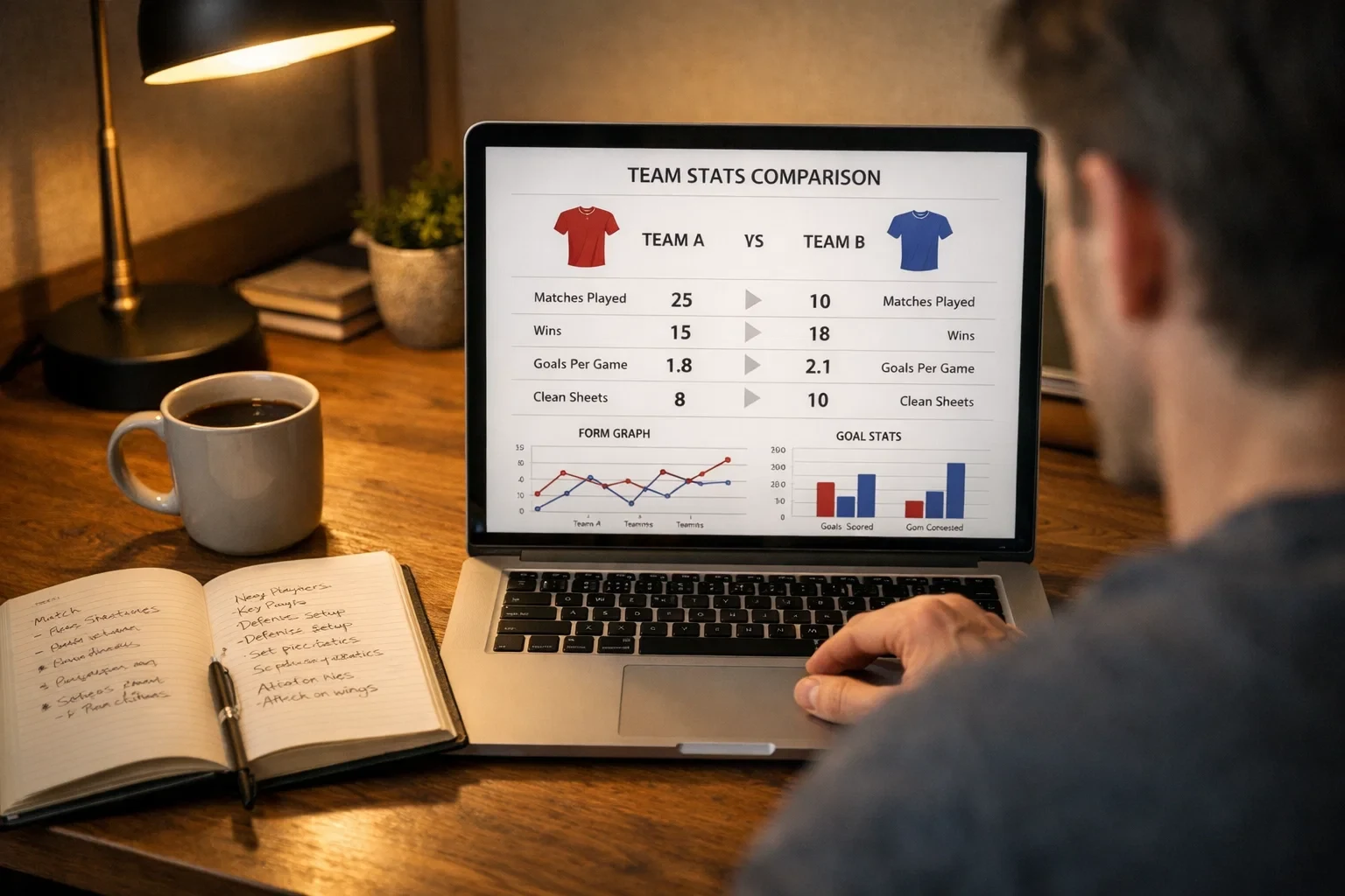 Persoon analyseert teamstatistieken op laptop met notities erbij