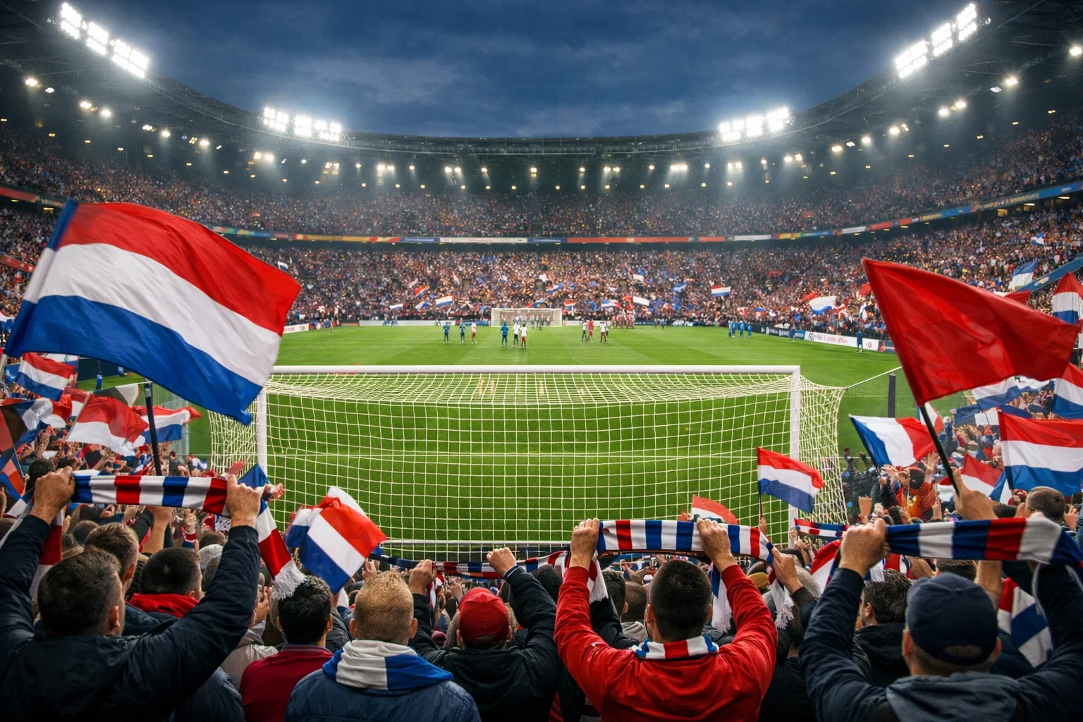 Modern voetbalstadion gevuld met enthousiaste supporters en vlaggen