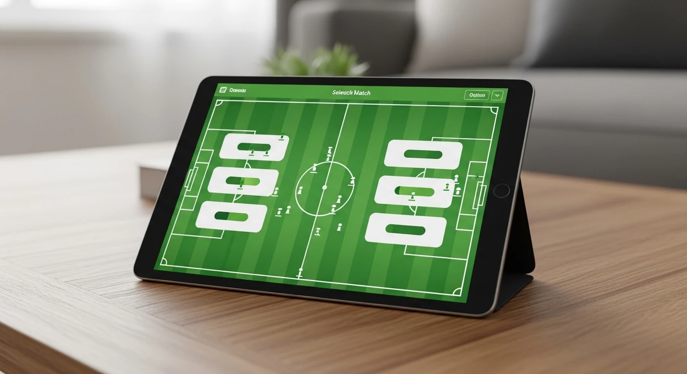 Tablet toont verschillende wedopties met voetbalveld visualisatie